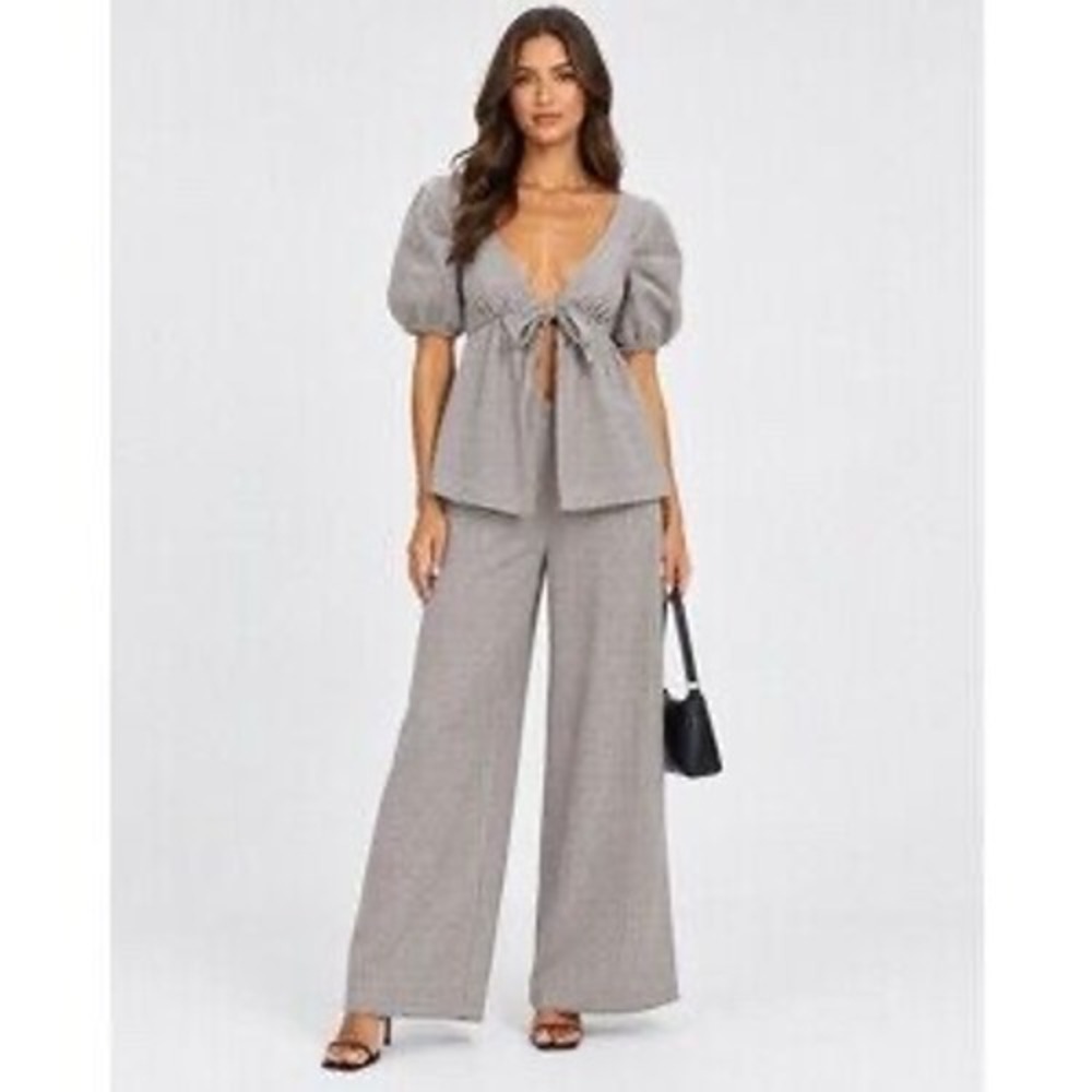 Free People Dani Set Houndstooth Blue Brown Puff Sleeve Wide Leg Pant Set M NWT